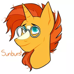 Size: 1000x1000 | Tagged: safe, artist:dymitre, derpibooru import, sunburst, pony, unicorn, bust, glasses, image, jpeg, male, messy mane, simple background, smiling, solo, stallion, white background