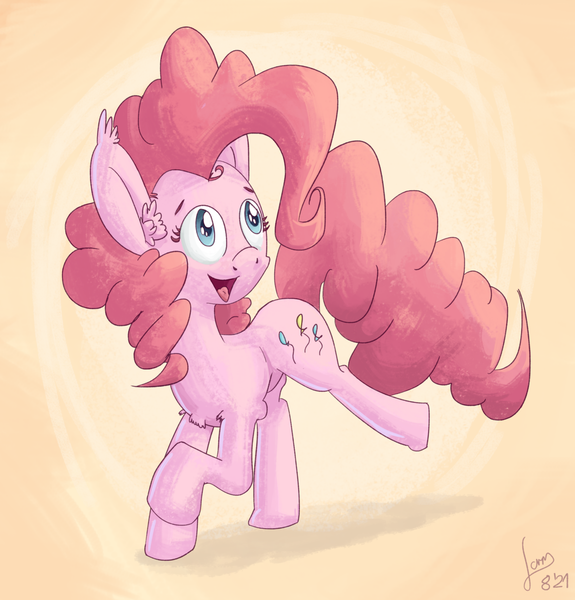 Size: 1600x1670 | Tagged: safe, derpibooru import, pinkie pie, earth pony, pony, chest fluff, ear fluff, ear tufts, female, head turned, image, looking up, mare, open mouth, open smile, png, raised hoof, raised leg, simple background, smiling, solo