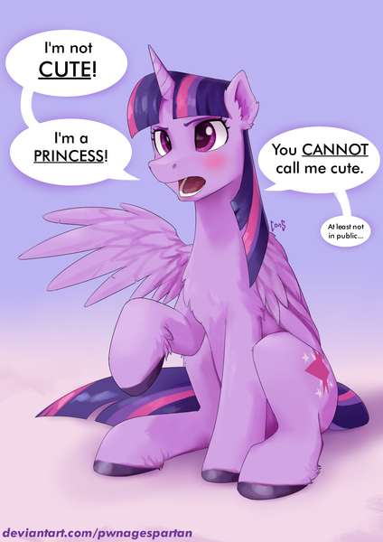 Size: 1754x2480 | Tagged: safe, artist:pwnagespartan, derpibooru import, twilight sparkle, twilight sparkle (alicorn), alicorn, pony, cute, female, i'm not cute, image, mare, png, raised hoof, redraw, solo, speech bubble, twiabetes, word balloon