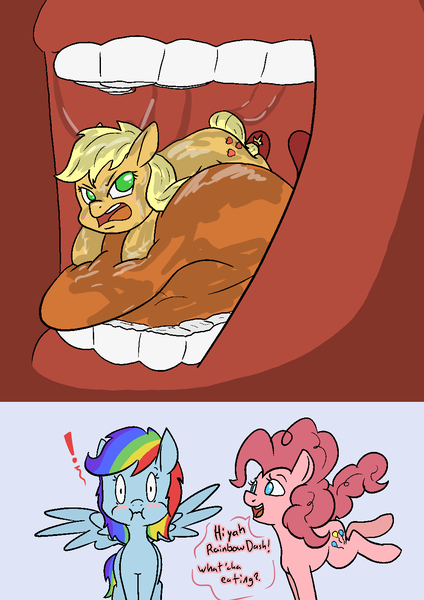 Size: 1000x1414 | Tagged: suggestive, artist:happy harvey, derpibooru import, applejack, pinkie pie, rainbow dash, earth pony, pegasus, pony, angry, appletini, blushing, caught, dialogue, drawn on phone, drool, drool on face, drool string, esophagus, exclamation point, image, imminent vore, mawshot, micro, mouthful, mouthplay, open mouth, oral invitation, png, preddash, preyjack, saliva puddle, salivating, size difference, slimy, spread wings, taste buds, tiny, tiny ponies, uvula, vore, wide eyes, wide hips, wingboner, wings, wrong mane color