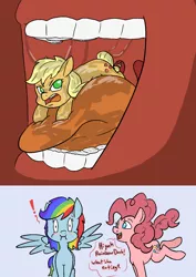 Size: 1000x1414 | Tagged: suggestive, artist:happy harvey, derpibooru import, applejack, pinkie pie, rainbow dash, earth pony, pegasus, pony, angry, appletini, blushing, caught, dialogue, drawn on phone, drool, drool on face, drool string, esophagus, exclamation point, image, imminent vore, mawshot, micro, mouthful, mouthplay, open mouth, oral invitation, png, preddash, preyjack, saliva puddle, salivating, size difference, slimy, spread wings, taste buds, tiny, tiny ponies, uvula, vore, wide eyes, wide hips, wingboner, wings, wrong mane color