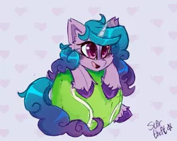 Size: 1839x1463 | Tagged: safe, artist:star_theft, derpibooru import, izzy moonbow, pony, unicorn, ball, blush sticker, blushing, cheek fluff, cutie mark, cutie mark background, ear fluff, female, g5, hoof fluff, image, izzy's tennis ball, jpeg, mare, open mouth, signature, smiling, solo, tennis ball, unshorn fetlocks