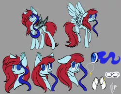 Size: 2224x1736 | Tagged: safe, artist:donnie-moon, derpibooru import, oc, oc:ren, unofficial characters only, pegasus, pony, female, glasses, gray background, image, mare, pegasus oc, png, raised hoof, reference sheet, simple background, smiling, sombra eyes, wings