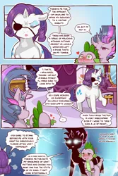 Size: 960x1440 | Tagged: safe, artist:cold-blooded-twilight, derpibooru import, rarity, spike, twilight sparkle, unicorn, comic:cold storm, alternate design, alternate hairstyle, angry, blushing, carousel boutique, comic, dialogue, eyes closed, eyeshadow, glowing eyes, heart, heart eyes, image, lore, magic, makeup, png, raised leg, sigh, speech bubble, talking, wide hips, wingding eyes