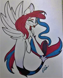Size: 1725x2126 | Tagged: safe, artist:donnie-moon, derpibooru import, oc, oc:ren, pony, sea pony, eyelashes, female, image, jpeg, one eye closed, seaponified, signature, solo, species swap, traditional art, wink