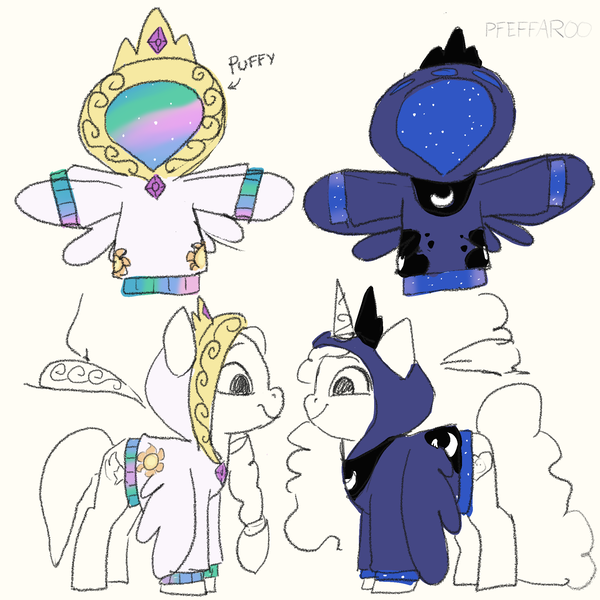 Size: 2048x2048 | Tagged: safe, artist:pfeffaroo, derpibooru import, izzy moonbow, sunny starscout, earth pony, pony, unicorn, celestia's cutie mark, clothes, duo, g5, hoodie, image, luna's cutie mark, png