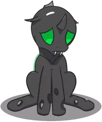 Size: 858x1025 | Tagged: safe, artist:rumstone, derpibooru import, oc, oc:rumstone, changeling, aggie.io, changeling ears, cute, cuteling, eye, eyes, fangs, green changeling, green eyes, green wings, image, png, sad, sadorable, shadow, simple background, sitting, transparent background, vent art, wings