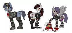 Size: 3323x1545 | Tagged: grimdark, artist:rorrek, derpibooru import, oc, oc:blackjack, oc:morning glory (project horizons), oc:p-21, cyborg, earth pony, pegasus, unicorn, fallout equestria, fallout equestria: project horizons, armor, bad end, blood, bomb, cigarette, clothes, decapitated, description is relevant, enclave, enclave armor, evil counterpart, eyepatch, fanfic art, goggles, gun, image, jacket, knife, leather jacket, logo, multiple variants, piercing, playing card, png, raider, raider armor, scar, simple background, text, weapon, white background