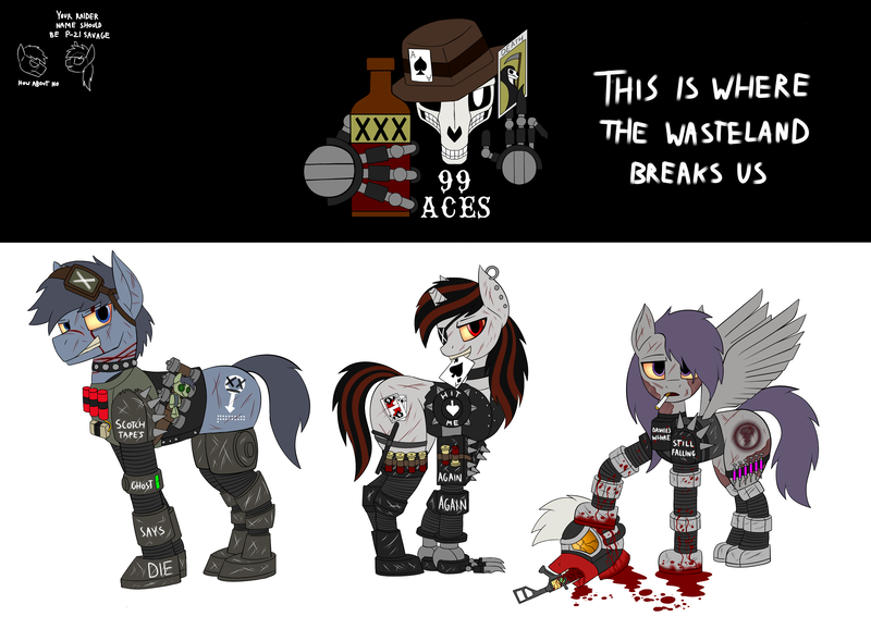 Size: 3323x2400 | Tagged: grimdark, artist:rorrek, derpibooru import, oc, oc:blackjack, oc:dealer, oc:morning glory (project horizons), oc:p-21, cyborg, earth pony, pegasus, skeleton pony, unicorn, fallout equestria, fallout equestria: project horizons, alcohol, armor, bad end, blood, bomb, bone, cigarette, clothes, decapitated, description is relevant, enclave, enclave armor, evil counterpart, eyepatch, fanfic art, goggles, grim reaper, gun, image, jacket, knife, leather jacket, logo, multiple variants, piercing, playing card, png, raider, raider armor, scar, simple background, skeleton, skull, tarot card, text, weapon, white background