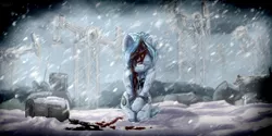 Size: 2000x1000 | Tagged: semi-grimdark, artist:uteuk, derpibooru import, earth pony, pony, barrel, blood, frostpunk, frostpunk 2, image, jpeg, oil, oil rig, snow, snowfall