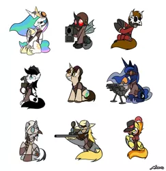 Size: 1627x1676 | Tagged: safe, artist:srmario, derpibooru import, princess celestia, princess luna, spitfire, oc, oc:doctiry, oc:doom, oc:reinflak, alicorn, changeling, pegasus, pony, alicorn oc, changeling oc, crossover, engineer, female, grin, gun, horn, image, male, mare, png, red changeling, rifle, scout, simple background, smiling, sniper, soldier, sunglasses, team fortress 2, weapon, white background, wings