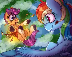 Size: 1280x1024 | Tagged: safe, artist:millefaller, derpibooru import, rainbow dash, scootaloo, pegasus, pony, abuse, betrayal, blood, bruised, deviantart watermark, eyelashes, falling, female, foal abuse, image, imminent death, jpeg, mare, obtrusive watermark, outdoors, scootabuse, smiling, underhoof, watermark, wings