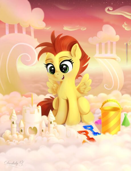 Size: 1800x2346 | Tagged: safe, artist:darksly, derpibooru import, lemon crumble, pegasus, pony, bucket, cloud, colt, cute, friendship student, image, jpeg, male, open mouth, sky, solo, spade