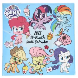 Size: 570x570 | Tagged: safe, derpibooru import, official, applejack, fluttershy, pinkie pie, rainbow dash, rarity, twilight sparkle, alicorn, earth pony, pegasus, pony, unicorn, my little pony: pony life, 2022, calendar, camera, eyes closed, flower, image, jpeg, letter, logo, mane six, merchandise, polaroid, present, rose, tongue out