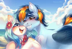 Size: 3100x2121 | Tagged: safe, artist:fenwaru, derpibooru import, oc, oc:seascape, oc:skysail, unofficial characters only, earth pony, hippogriff, pegasus, pony, beach, female, flower, flower in hair, grin, image, jpeg, male, mare, ocean, seasail, sky, smiling, stallion