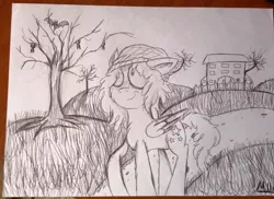 Size: 960x698 | Tagged: safe, artist:millefaller, derpibooru import, oc, unofficial characters only, pegasus, pony, beanie, dead tree, eyes closed, female, hat, image, jpeg, mare, outdoors, pegasus oc, signature, smiling, solo, traditional art, tree, two toned wings, wings