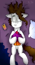 Size: 518x960 | Tagged: safe, artist:millefaller, derpibooru import, oc, unofficial characters only, earth pony, pony, bored, cupcake, earth pony oc, female, food, image, jpeg, lying down, mare, on back, pillow, plushie, signature, solo