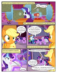 Size: 612x792 | Tagged: safe, artist:newbiespud, derpibooru import, edit, edited screencap, screencap, applejack, rarity, twilight sparkle, earth pony, pony, unicorn, comic:friendship is dragons, magical mystery cure, a true true friend, applejack's hat, big crown thingy, bipedal, carousel boutique, comic, cowboy hat, dialogue, element of magic, eyelashes, female, freckles, glowing horn, hat, horn, image, indoors, jewelry, magic, mare, png, regalia, screencap comic, sewing machine, smiling, swapped cutie marks, telekinesis, unicorn twilight, wide eyes