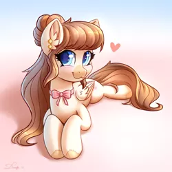 Size: 2480x2480 | Tagged: safe, artist:dandy, derpibooru import, oc, oc:strawberry milk, unofficial characters only, pegasus, pony, :3, blushing, ear piercing, female, gradient background, heart, image, looking at you, lying down, mare, piercing, png, prone, ribbon, smiling, smiling at you, solo, unshorn fetlocks, wings