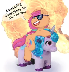 Size: 1112x1168 | Tagged: safe, artist:apatheticxaddict, derpibooru import, izzy moonbow, sunny starscout, earth pony, pony, unicorn, cool, dialogue, explosion, g5, image, meme, merchandise, misspelling, png, ponies riding ponies, riding, riding a pony, sunglasses, text, toy