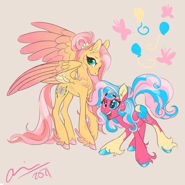 Size: 2100x2100 | Tagged: safe, artist:creeate97, derpibooru import, fluttershy, pinkie pie, earth pony, pegasus, pony, alternate cutie mark, alternate design, colored hooves, colored wings, duo, exploitable meme, feathered fetlocks, gradient wings, heterochromia, image, jpeg, meme, redesign, same voice actor, simple background, tan background, twitterina design, unshorn fetlocks, wings