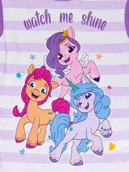 Size: 1500x2000 | Tagged: safe, derpibooru import, official, izzy moonbow, pipp petals, sunny starscout, earth pony, pegasus, pony, unicorn, clothes, female, g5, image, jpeg, mare, merchandise, pajamas, purple, stripes, text