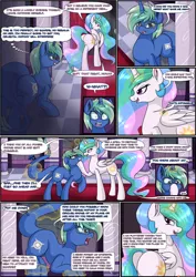 Size: 2894x4093 | Tagged: safe, artist:novaspark, derpibooru import, princess celestia, princess luna, oc, oc:nova spark, monster pony, original species, tatzlpony, boop, comic, dialogue, glasses, horn, horn ring, image, imminent vore, jewelry, looking back, magic, png, ring, sweat