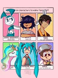 Size: 1280x1707 | Tagged: safe, artist:soaptears, derpibooru import, princess celestia, alicorn, human, pony, robot, six fanarts, anime, avatar the last airbender, bust, crossed arms, crossover, eyes closed, female, frown, gorillaz, greg (over the garden wall), hair over eyes, hatsune miku, horn, image, jenny wakeman, jewelry, jpeg, licking, licking lips, male, mare, noodle, over the garden wall, smiling, tiara, tongue out, vocaloid, zuko