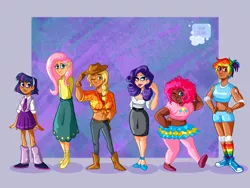 Size: 2048x1536 | Tagged: safe, artist:soaptears, derpibooru import, applejack, fluttershy, pinkie pie, rainbow dash, rarity, twilight sparkle, human, abstract background, blackwashing, clothes, dark skin, dress, female, hat, humanized, image, mane six, png, shorts, smiling, tumblr nose