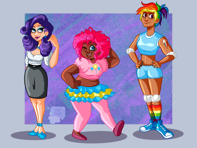 Size: 2048x1536 | Tagged: safe, artist:soaptears, derpibooru import, pinkie pie, rainbow dash, rarity, human, abstract background, blackwashing, clothes, dark skin, female, hand on hip, humanized, image, makeup, one eye closed, png, shorts, skirt, smiling, tumblr nose, wink