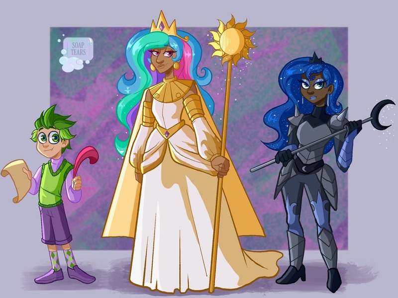 Size: 2048x1536 | Tagged: safe, artist:soaptears, derpibooru import, princess celestia, princess luna, spike, human, abstract background, armor, clothes, dark skin, dress, female, high heels, humanized, image, jpeg, male, quill, scepter, scroll, shoes, smiling, staff