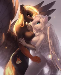 Size: 2097x2568 | Tagged: suggestive, artist:nightskrill, derpibooru import, oc, oc:kalinka, oc:tori, unofficial characters only, anthro, pegasus, big breasts, breasts, breast squish, duo, duo female, female, image, looking at each other, png, shipping