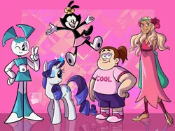 Size: 2048x1536 | Tagged: safe, artist:soaptears, derpibooru import, rarity, anthro, human, pony, robot, unicorn, animaniacs, anthro with ponies, clothes, crossover, dot warner, dress, eyelashes, female, gravity falls, grenda grendinator, grin, horn, image, jenny wakeman, jpeg, mare, my life as a teenage robot, one eye closed, paws, peace sign, smiling, underpaw, wink