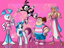 Size: 2048x1536 | Tagged: safe, alternate version, artist:soaptears, derpibooru import, rarity, anthro, human, pony, robot, unicorn, animaniacs, anthro with ponies, clothes, crossover, dot warner, dress, eyelashes, female, gravity falls, grenda grendinator, grin, horn, image, jenny wakeman, jpeg, mare, one eye closed, paws, peace sign, pride, pride flag, smiling, trans female, transgender, transgender pride flag, underpaw, wink