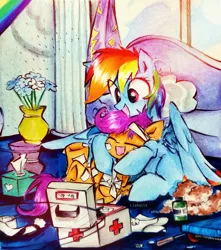 Size: 2373x2686 | Tagged: safe, artist:liaaqila, derpibooru import, rainbow dash, scootaloo, bandaid, commission, cute, cutealoo, dashabetes, first aid kit, happy, image, injured, jpeg, laughing, scootalove, scooter