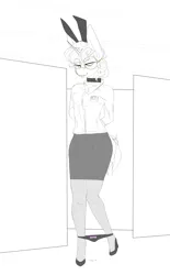 Size: 2600x4200 | Tagged: suggestive, artist:chapaevv, derpibooru import, oc, oc:aster, anthro, anthro oc, bondage, bunny ears, clothes, collar, crossdressing, curvy, dirty talk, erect nipples, femboy, girly, glasses, hands behind back, horn, image, looking at you, male, monochrome, name tag, nipple outline, office, offscreen character, panties, panties pulled down, penis outline, png, solo, solo focus, solo male, tied hands, tongue out, underwear, walking