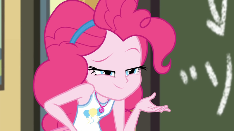 Size: 3410x1920 | Tagged: safe, derpibooru import, screencap, pinkie pie, equestria girls, equestria girls series, schedule swap, spoiler:eqg series (season 2), chalkboard, clothes, cutie mark, cutie mark on clothes, female, geode of sugar bombs, image, jewelry, jpeg, magical geodes, necklace, smiling, smirk, smug, smugpie, solo, tanktop