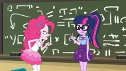Size: 3410x1920 | Tagged: safe, derpibooru import, screencap, pinkie pie, sci-twi, twilight sparkle, equestria girls, equestria girls series, schedule swap, spoiler:eqg series (season 2), bowtie, chalkboard, clothes, cutie mark, cutie mark on clothes, female, geode of sugar bombs, geode of telekinesis, glasses, image, jewelry, jpeg, magical geodes, necklace, open mouth, ponytail, smiling, smirk, smug, smugpie, tanktop
