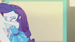 Size: 3410x1920 | Tagged: safe, derpibooru import, screencap, rarity, equestria girls, equestria girls series, the other side, eyes closed, female, geode of shielding, hairpin, image, jpeg, magical geodes, rarity peplum dress, solo