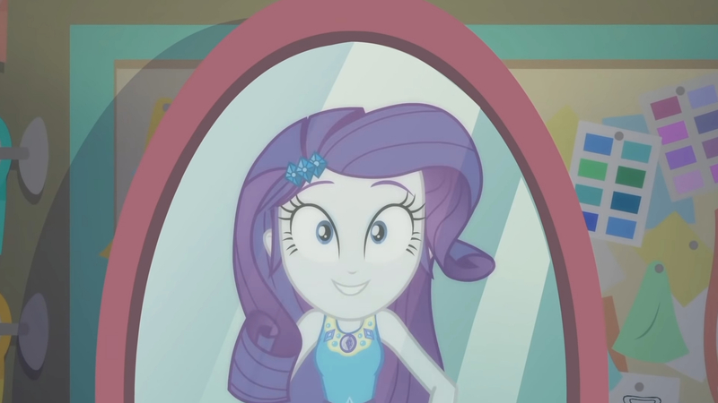 Size: 3410x1920 | Tagged: safe, derpibooru import, screencap, rarity, equestria girls, equestria girls series, the other side, clothes, cutie mark, cutie mark on clothes, female, geode of shielding, hairpin, image, jpeg, magical geodes, mirror, rarity peplum dress, smiling, solo