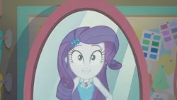 Size: 3410x1920 | Tagged: safe, derpibooru import, screencap, rarity, equestria girls, equestria girls series, the other side, clothes, cutie mark, cutie mark on clothes, female, geode of shielding, hairpin, image, jpeg, magical geodes, mirror, rarity peplum dress, smiling, solo