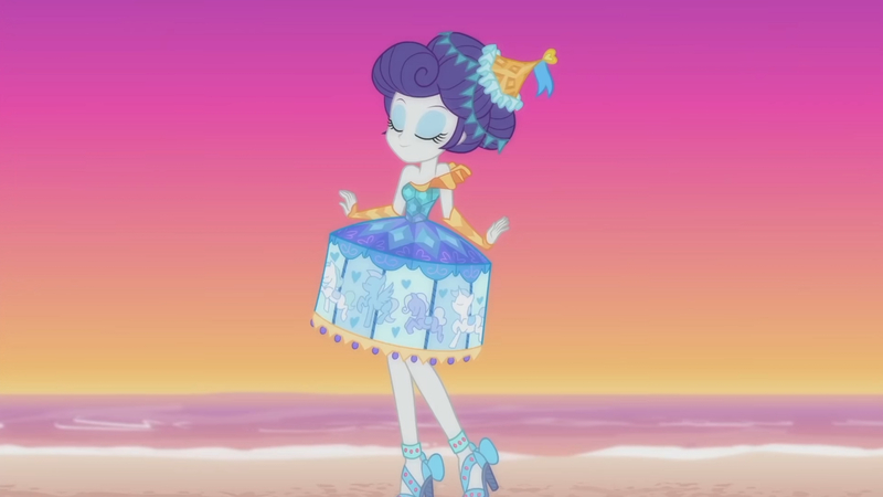 Size: 3410x1920 | Tagged: safe, derpibooru import, screencap, rarity, pony, equestria girls, equestria girls series, the other side, beach, clothes, eyes closed, female, high heels, image, jpeg, mirror, shoes, smiling, solo
