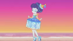 Size: 3410x1920 | Tagged: safe, derpibooru import, screencap, rarity, pony, equestria girls, equestria girls series, the other side, beach, clothes, eyes closed, female, high heels, image, jpeg, mirror, shoes, smiling, solo