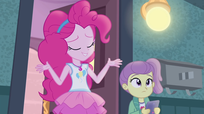 Size: 3410x1920 | Tagged: safe, derpibooru import, screencap, lily pad (equestria girls), pinkie pie, equestria girls, equestria girls series, pinkie sitting, clothes, cutie mark, cutie mark on clothes, eyes closed, female, geode of sugar bombs, image, jewelry, jpeg, magical geodes, necklace, smiling, tablet, tanktop