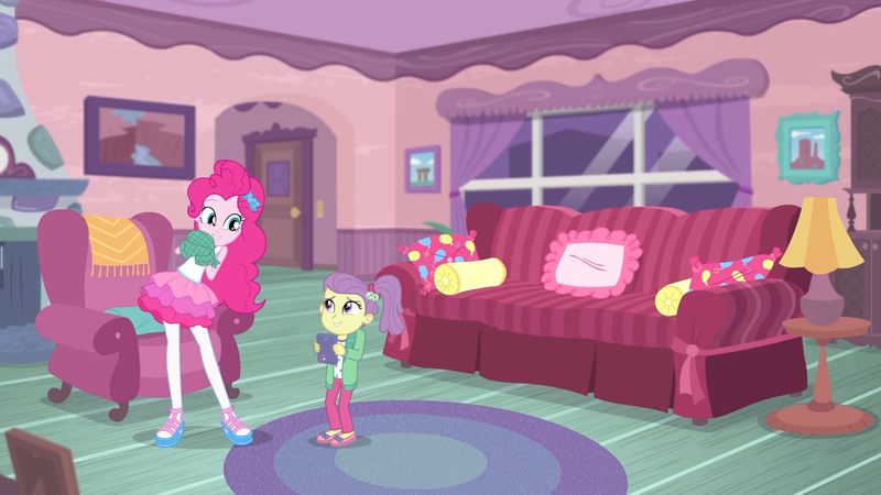 Size: 3410x1920 | Tagged: safe, derpibooru import, screencap, lily pad (equestria girls), pinkie pie, equestria girls, equestria girls series, pinkie sitting, clothes, female, image, jpeg, smiling, tablet, tanktop