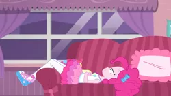 Size: 3410x1920 | Tagged: safe, derpibooru import, screencap, pinkie pie, equestria girls, equestria girls series, pinkie sitting, clothes, couch, cutie mark, cutie mark on clothes, female, geode of sugar bombs, image, jewelry, jpeg, magical geodes, necklace, solo, tanktop