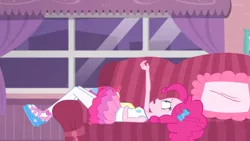Size: 3410x1920 | Tagged: safe, derpibooru import, screencap, pinkie pie, equestria girls, equestria girls series, pinkie sitting, clothes, couch, cutie mark, cutie mark on clothes, female, geode of sugar bombs, image, jewelry, jpeg, magical geodes, necklace, open mouth, solo, tanktop