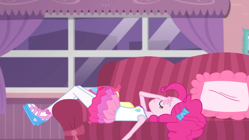 Size: 3410x1920 | Tagged: safe, derpibooru import, screencap, pinkie pie, equestria girls, equestria girls series, pinkie sitting, clothes, couch, cutie mark, cutie mark on clothes, eyes closed, facepalm, female, geode of sugar bombs, image, jewelry, jpeg, magical geodes, necklace, solo, tanktop