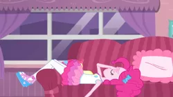 Size: 3410x1920 | Tagged: safe, derpibooru import, screencap, pinkie pie, equestria girls, equestria girls series, pinkie sitting, clothes, couch, cutie mark, cutie mark on clothes, eyes closed, facepalm, female, geode of sugar bombs, image, jewelry, jpeg, magical geodes, necklace, solo, tanktop