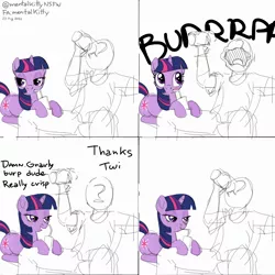 Size: 2048x2048 | Tagged: safe, artist:mentalkitty, derpibooru import, twilight sparkle, oc, oc:anon, human, pony, unicorn, beer can, blushing, burp, couch, dialogue, drink, drinking, drinking straw, duo, female, image, looking at someone, male, onomatopoeia, png, poggers, relaxing, resting, shitposting, show accurate, sitting on lap, sitting on person, soda, speech bubble, straw, straw in mouth, text, unicorn twilight, watching tv